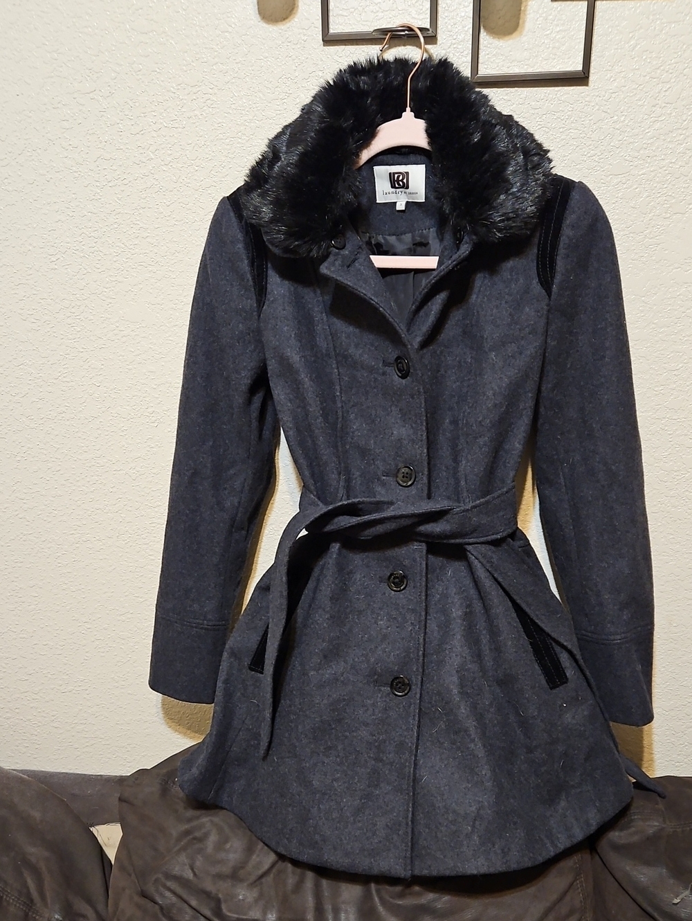 Laundry by Design Dark Gray Wool-Blend Trench Coat with Faux Fur Collar